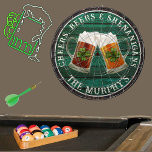 Cible De Fléchettes Dk Green Rustic Wood Cheers Bières Shenanigans<br><div class="desc">Salutations Bières et Shenanigans Béer Stein tasses avec shamrock de trèfle 4 feuilles. Ce tableau de bord irlandais sur le thème de la bière est juste pour votre occasion et fait le cadeau personnalisé parfait, il est parfait pour les mariages de graduation, des fêtes, des réunions de famille, et juste...</div>