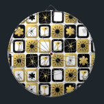 Cible de flechettes d'or rétro glamour<br><div class="desc">Qu'est-ce que le noir, le blanc et l'or partout ? C'est cette Cible de flechettes d'or rétro glamour. Le design moderne du milieu du siècle présente une grille d'images sophistiquées. On y trouve des motifs de mod, de starbursts, de martini glasses et d'impressionnistes sur des arrière - plans noirs, blancs...</div>