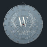 Cible De Fléchettes Elegant Monogram Dusty Blue Family Name<br><div class="desc">This blue and white dart board is decorated with a laurel leaf monogram and your name and wedding date. A fun addition to your home decor. Makes a great gift for weddings and anniversaries. Personalize it with your Initial,  name and wedding date. Designed for you by Blackberry Boulevard.</div>