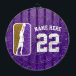 Cible De Fléchettes Équipe de basket-ball de Parties scintillant viole<br><div class="desc">Une fausse parties scintillant violette et dorée scintille derrière une silhouette blanche audacieuse d'un joueur de basket. Mettez facilement à jour le numéro de maillot et personnalisez le nom. Disponible dans d'autres couleurs brillantes d'équipe.</div>