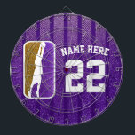 Cible De Fléchettes Équipe de basket-ball de Parties scintillant viole<br><div class="desc">Une fausse parties scintillant violette et dorée scintille derrière une silhouette blanche audacieuse d'un joueur de basket. Mettez facilement à jour le numéro de maillot et personnalisez le nom. Disponible dans d'autres couleurs brillantes d'équipe.</div>