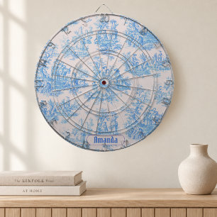 Cible De Fléchettes Fleur bleue turquoise toile jouy monogramme vintag