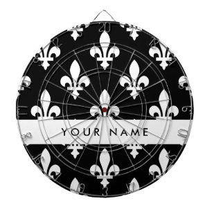 Cible De Fléchettes Fleur de Lis, Blanc sur Noir, Blanc, Votre Nom