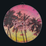 Cible De Fléchettes Good Vibes Tropical Pink Sunset Palm Tree Beach<br><div class="desc">Emmenez la plage dans votre salle de jeux avec ce tableau de bord de plage design "Good Vibes" rose et jaune couché de soleil.</div>