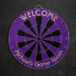 Cible De Fléchettes Halloween violet noir Custom Metal Cage Salle de j<br><div class="desc">Créez votre propre carte personnalisée, personnalisée, amusante, cool, élégante, couleur violet et noire halloween, taille de régulation (18"diamètre, 1"h) plateau en aluminium cadre en métal cage. Comprend 6 fléchettes en laiton (3 vols Dart du drapeau américain et 3 vols Dart en France). Vous pouvez le monter n'importe où - au-dessus...</div>