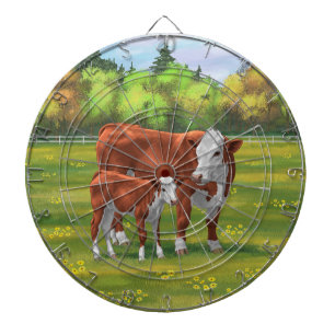 Cible De Fléchettes Hereford Cow & Cute Calf dans les pâturages d'été