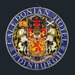 Cible De Fléchettes Hôtel Vintage voyage Caledonian Edinburgh Scotland<br><div class="desc">Illustration vintage Poster de voyage européen ou étiquette de bagage de l'hôtel Caledonian d'Edimbourg, Ecosse avec les armoiries royales de l'Ecosse. Un cercle avec un lion rouge symbolisant le Roi des Écossais, au-dessus du bouclier est la barre et la crête. Le lion porte la Couronne d'Ecosse et détient à la...</div>