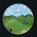 Cible de flechettes jouante au golf<br><div class="desc">Cette Cible de flechettes jouante au golf comporte un arrière - plan de terrain de golf avec un dessableur et le drapeau de golf, un chariot de golf rouge, un chariot de golf bleu tous les deux avec des sacs de golf. Le texte stylisé est golf. Cadeau parfait pour le...</div>