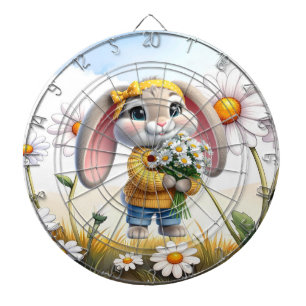 Cible De Fléchettes Lapin oreilles roses marguerites blanches