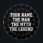 Cible De Fléchettes Le mythe de l'homme légende drôle de tableau noir<br><div class="desc">Le mythe de l'homme légende drôle de tableau de fléchettes cadeau pour les gars. Ajoutez votre propre nom personnalisé. Modèle design typographique audacieux. Cool dart board jeu pour papa, mari, père, oncle, grand-père, frère, petit ami, meilleur ami, enseignant, entraîneur sportif, collègue, patron, employé de bureau, fils etc. Amusement divertissement pour...</div>