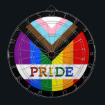 Cible De Fléchettes LGBTQ & Pride - drapeau de progression arc-en-ciel<br><div class="desc">Dartboard : Rainbow Flag & the "Progress" (Drapeau arc-en-ciel et la variation "Progress") ajoute un chevron le long de l'arbre qui comporte des rayures noires, brunes, bleues, roses et blanches pour amener ces communautés (personnes marginalisées de couleur, personnes trans, personnes vivant avec le VIH/SIDA et celles qui ont été perdues)...</div>