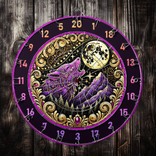 Cible De Fléchettes Loup hurlant sous la lune d'or