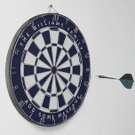 Cible De Fléchettes Marine Bleu Blanc Classique Personnalisé Nom de fa<br><div class="desc">Un design classique de tableau de bord avec alternance triangles bleu marine et blanc. Au-dessus et au-dessous,  il y a le nom et un message sous forme de texte voûté,  en casquette.</div>