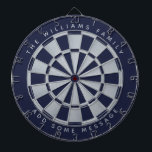 Cible De Fléchettes Marine Blue Faux Argent Personnalisé Nom de famill<br><div class="desc">Un design classique de tableau de bord avec alternance de triangles bleu marine et faux feuille argent. Au-dessus et au-dessous,  il y a le nom et un message sous forme de texte voûté,  en casquette gris.</div>
