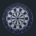 Cible De Fléchettes Marine Blue Faux Argent Personnalisé Nom de famill<br><div class="desc">Un design classique de tableau de bord avec alternance de triangles bleu marine et faux feuille argent. Au-dessus et au-dessous,  il y a le nom et un message sous forme de texte voûté,  en casquette gris.</div>