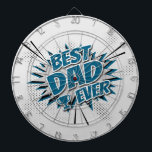 Cible De Fléchettes Meilleur papa jamais<br><div class="desc">Illustration de style comique Best Dad Ever avec design de texte, forme primée et décoration étoiles sur arrière - plan de demi-teinte. Il est possible de changer la couleur arrière - plan et d'en ajouter une autre dans le design avec votre choix.</div>