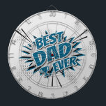 Cible De Fléchettes Meilleur papa jamais<br><div class="desc">Illustration de style comique Best Dad Ever avec design de texte, forme primée et décoration étoiles sur arrière - plan de demi-teinte. Il est possible de changer la couleur arrière - plan et d'en ajouter une autre dans le design avec votre choix.</div>
