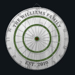 Cible De Fléchettes Moderne Rustique Gris Grange Bois Nom de famille D<br><div class="desc">Rassemblez-vous avec votre famille lorsque vous décidez qui est le roi ou la reine du tableau de fléchettes. Jouez sur ce tableau de fléchettes spécialement customisé avec un style rustique moderne qui dispose d'un arrière - plan en bois de grange gris et garniture verte. Personnalisez avec votre nom de famille...</div>