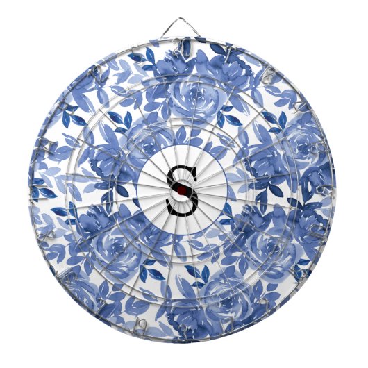 Cible De Fléchettes Monogramme Bleu Floral Motif Dartboard (Devant)
