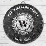 Cible De Fléchettes Monogramme Nom de famille Vintage Crest<br><div class="desc">Un tableau noir et blanc cool en monogramme,  tableau de bord personnalisé avec votre nom et date établie. Idéal pour une salle de jeux familiale ou une grotte pour homme. Conçu pour vous par Blackberry Boulevard.</div>