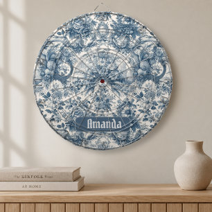 Cible De Fléchettes monogramme vintage fleuri Blue toile de jouy