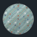 Cible de flechettes Motif d'avion rétro<br><div class="desc">Attachez votre ceinture de sécurité. Cette Cible de flechettes de Motif d'avion Retro est prête pour le décollage. Le design comprend des lignes rouges, bleues royales et blanches, des avions modernes du milieu du siècle volant à travers un arrière - plan bleu acier. Des rayures fines d'orange, de vert citron...</div>