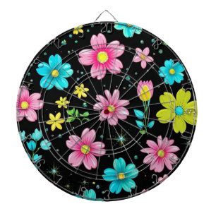 Cible De Fléchettes Motif de fleurs colorées noir rétro pour fête d'an