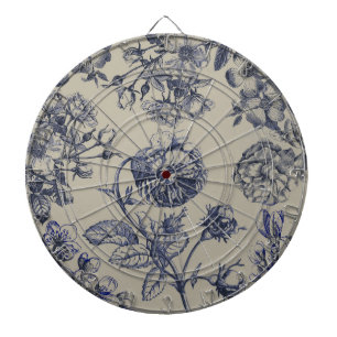 Cible De Fléchettes Motif Floral Botanique Toile Bleue Vintage Antique