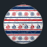 Cible De Fléchettes Nautical design<br><div class="desc">Design nautique avec voilier et décoration boussole sur rouge,  bleu et blanc rayé arrière - plan</div>