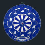 Cible De Fléchettes Navires nautiques en bleu et blanc<br><div class="desc">Navires nautiques sur la Cible de flechettes bicolore bleu et blanc de la marine. Le texte peut être personnalisé.</div>