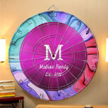 Cible De Fléchettes Neon rose Abstrait Waves Family Jeu Dartboard<br><div class="desc">Neon Pink Family Game Dartboard avec nom et monogramme.</div>