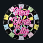 Cible De Fléchettes New York City Pink text on Black And Pastel Colors<br><div class="desc">New York City Pink text on Black And Pastel Colored Dart Board Game Including 6 Brass Darts 🎯Personalize with your text or name by selecting the personalization option. Please let me know if you have additional questions and because Zazzle's customer support handles the customer experience you may reach Zazzle customer...</div>