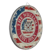 Cible De Fléchettes Nom de famille personnalisé Owl Rustic US Drapeau  (Devant gauche)