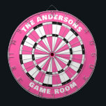 Cible De Fléchettes Nom de famille personnalisé Tableau noir rose<br><div class="desc">Personnalisez ce tableau rose et noir avec votre nom de famille et salle de jeux ou date établie,  etc. Conçu pour vous par Blackberry Boulevard.</div>