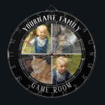Cible De Fléchettes Nom de famille Quatre salles de jeux photo<br><div class="desc">arrière - plan coloré avec nom personnalisé et quatre options photo au centre du tableau. Autres couleurs disponibles dans la boutique.</div>