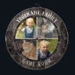 Cible De Fléchettes Nom de famille Quatre salles de jeux photo<br><div class="desc">arrière - plan coloré avec nom personnalisé et quatre options photo au centre du tableau. Autres couleurs disponibles dans la boutique. La texture du bois de Faux.</div>