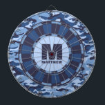 Cible De Fléchettes Nom personnalisé Tableau noir Camo<br><div class="desc">Personnalisez ce tableau de bord de camouflage bleu avec votre nom et votre initiale. Un grand cadeau pour un garçon ado. Conçu pour vous par Blackberry Boulevard.</div>
