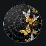 Cible De Fléchettes Papillons blancs et dorés<br><div class="desc">Or,  bijoux et papillons blancs sur arrière - plan noir. Papillon doré.</div>