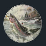 Cible De Fléchettes Pêcheur vintage de truite arc-en-ciel Pêche du poi<br><div class="desc">Illustration vintage design sportif mettant en vedette un pêcheur pêchant dans une rivière. Une truite arc-en-ciel éclate et saute hors de l'eau.</div>