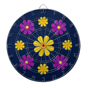 Cible De Fléchettes Personnaliser, fleurs jaune violet sur bleu foncé