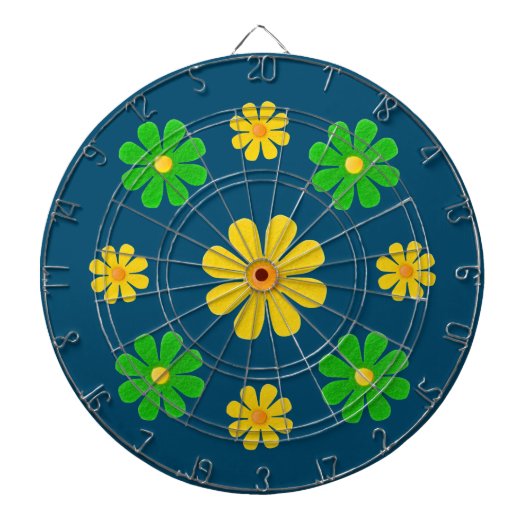 Cible De Fléchettes Personnaliser, fleurs vert jaune sur bleu foncé (Devant)
