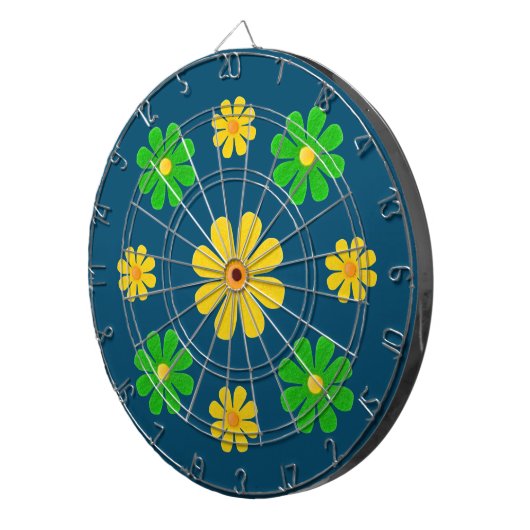 Cible De Fléchettes Personnaliser, fleurs vert jaune sur bleu foncé (Devant droit)