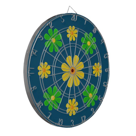 Cible De Fléchettes Personnaliser, fleurs vert jaune sur bleu foncé (Devant gauche)