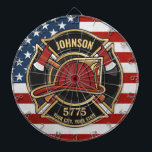 Cible De Fléchettes Pompier Secourt incendie Département USA Drapeau p<br><div class="desc">Pompier NOM Pompier Pompier Département USA Drapeau design - Emblème avec Casque Rouge et Ax. Customisez avec votre nom,  votre numéro de station/de bureau et votre emplacement.</div>