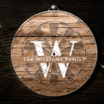 Cible De Fléchettes Russe Moderne Monogramme Nom de famille Vintage Wo<br><div class="desc">Ce tableau de fléchettes rustique et moderne présente votre monogramme de famille et votre nom sur un fond imprimé en bois brun moyen dans un design de typographie vintage rétro. Customisez avec votre nom de famille et l'initiale et faites de cette maison votre propre garde unique pour la maison de...</div>