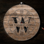 Cible De Fléchettes Russe Moderne Monogramme Nom de famille Vintage Wo<br><div class="desc">Ce tableau de fléchettes rustique et moderne présente votre monogramme de famille et votre nom sur un fond imprimé en bois brun moyen dans un design de typographie vintage rétro. Customisez avec votre nom de famille et l'initiale et faites de cette maison votre propre garde unique pour la maison de...</div>