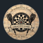 Cible De Fléchettes Rustic Wood Famille Nom personnalisé Mariage<br><div class="desc">La Cible de flechettes de Mariage Rustic Wood Family Custom Name offre un complément charmant et personnalisé à votre décor de mariage ou de maison. Conçu avec un arrière - plan rustique à grains de bois, ce tableau de bord peut être customisé avec le nom de famille du couple et...</div>