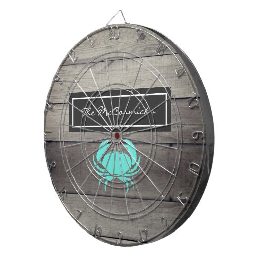 Cible De Fléchettes Rustique Plage Turquoise Crabe bleu Famille Monogr (Devant droit)