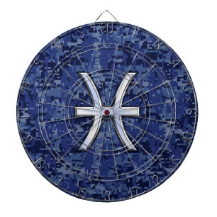 Cible De Fléchettes Symbole Zodiaque Pisces sur Camo numérique bleu ma