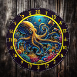Cible De Fléchettes Tableau noir Octopus Reef Adventure<br><div class="desc">Plongez dans une escapade océanique avec le "Octopus Reef Adventure Dartboard", parfait pour votre grotte homme, pavillon de pêche, refuge de chasse, ou dortoir. Ce somptueux design en damier présente une magnifique pieuvre dorée entourée de coraux vibrants, de poissons tropicaux chatoyants et de détails subaquatiques complexes qui donnent vie aux...</div>